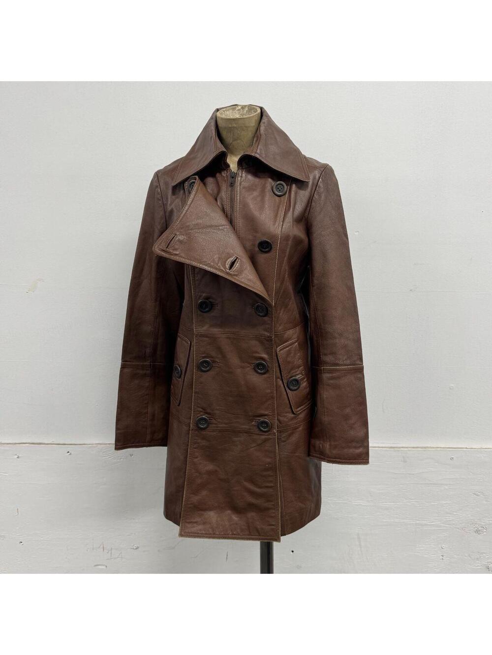 Vintage Y2K ONLY Brown Convertible Double-Breasted Leather Trench Coat - Picture 3 of 8